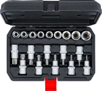 Behajtófej-/dugókulcskészlet | belső hatszögletű 12,5 mm (1/2") | T-profil (Torx) / E-profil | 19 darabos