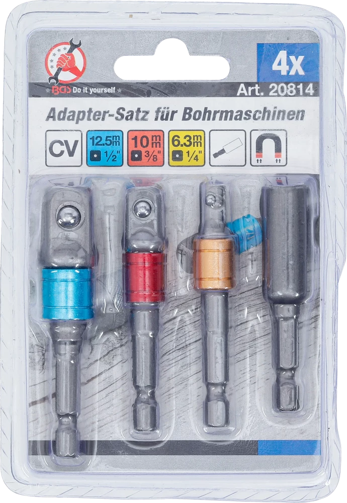 Adapterkészlet fúrógépekhez | színes | Külső hatszögletű kulcsnyílású hajtás 6,3 mm (1/4") | 6,3 mm (1/4"), 10 mm (3/8"), 12,5 mm (1/2"), Belső hatszögletű 6,3 mm (1/4") | 4 darabos