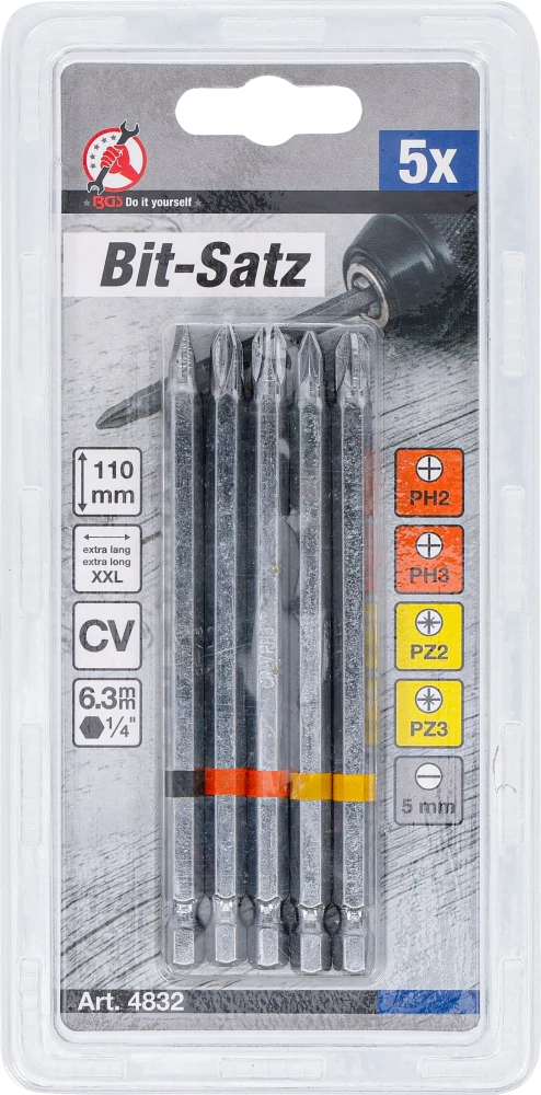 Behajtófej készlet | Külső hatszögletű behajtófej 6,3 mm (1/4") | Csillag PH, csillag PZ, lapos | 110 mm hosszú | 5 darabos