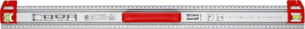 Vágó- és jelölővonalzó | Fogantyúval és vízmértékkel | 750 mm