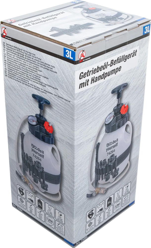 Hajtóműolaj-betöltő készülék kézi pumpával | 12 adapterrel | 3 l