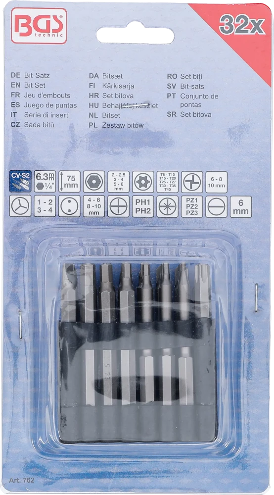 Behajtófej készlet | hosszú | Külső hatszögletű 6,3 mm (1/4") | különböző profilok | 32 darabos