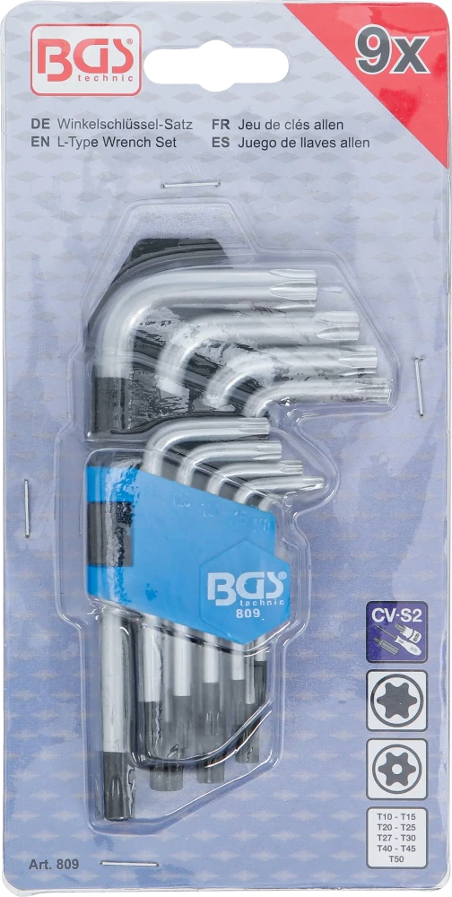 Derékszögű kulcs készlet | rövid | T-profil (Torx) T10 furattal - T50 | 9 darabos