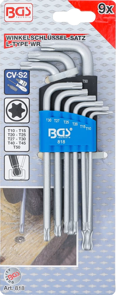 Derékszögű kulcs készlet | T-profil (Torx) gömbfejes | T10 - T50 | 9 darabos