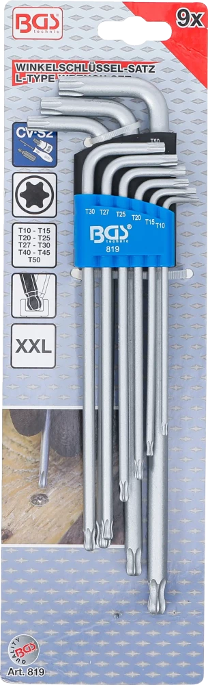 Derékszögű kulcs készlet | extra hosszú | T-profil (Torx) gömbfejes | T10 - T50 | 9 darabos