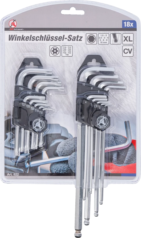 Derékszögű kulcs készlet | hosszú | T-profil (Torx) T10 - T50 / Belső hatszögletű 1,5 - 10 mm | 18 darabos