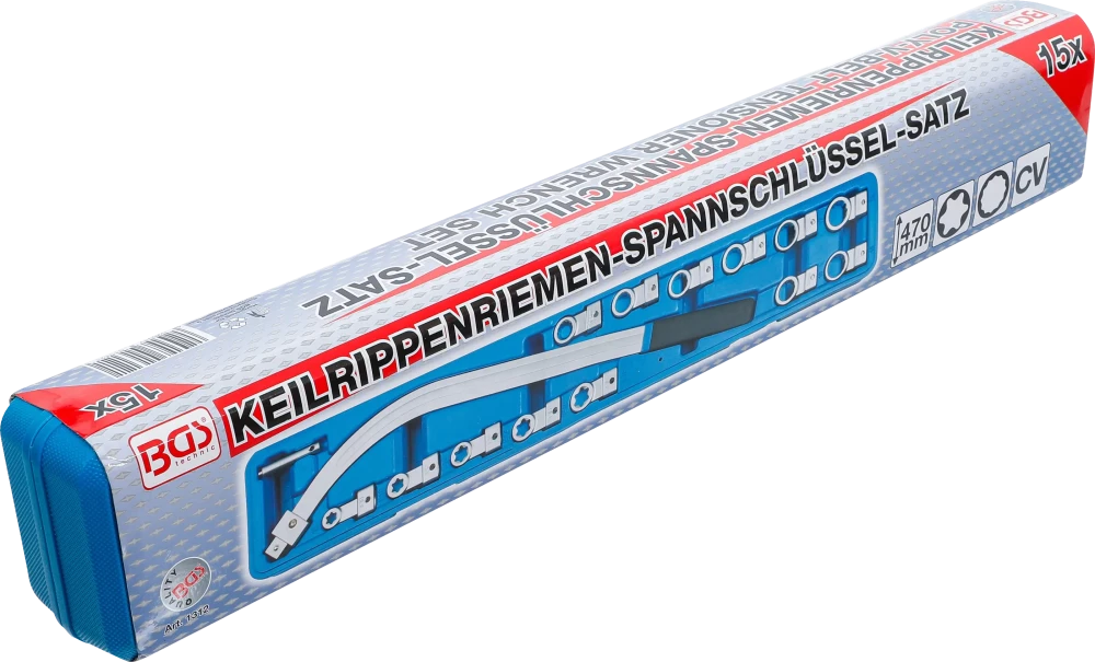 Bordás szíjfeszítőkulcs készlet | tizenkétszögletű 12 - 19 mm / E-profil E10 - E18 | 15 darabos