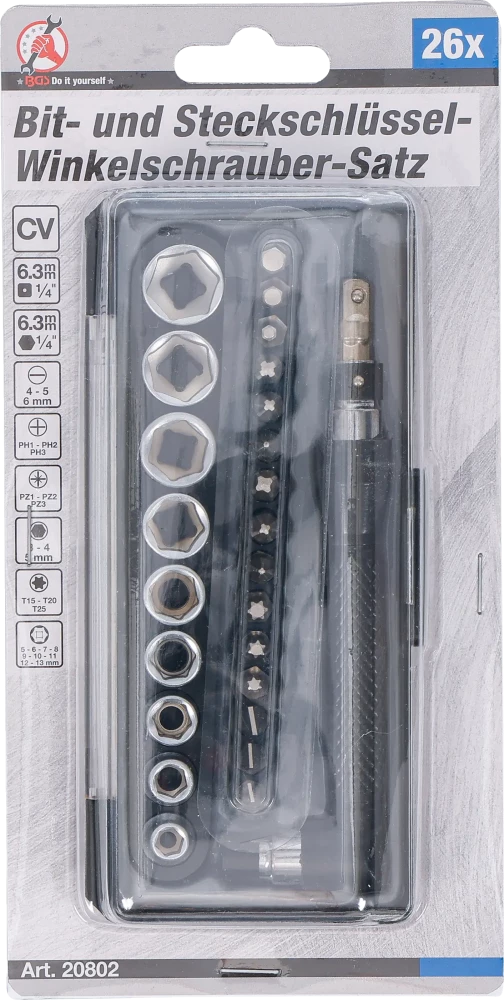 Behajtófej- és dugókulcskészlet/Sarokadapter-készlet | 6,3 mm (1/4") | 26 darabos