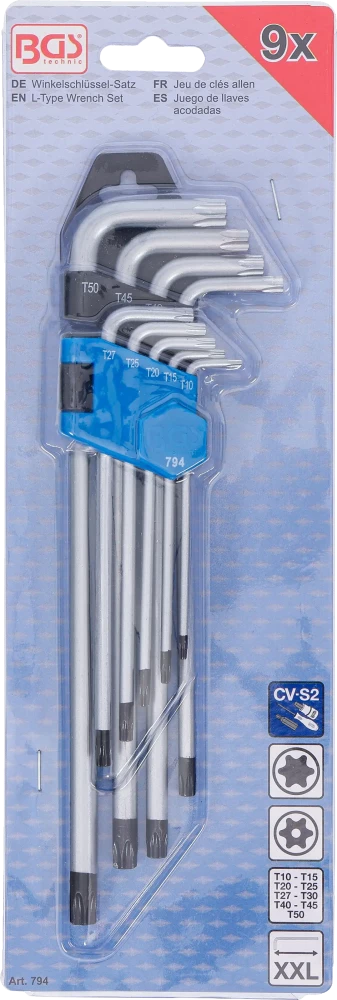 Derékszögű kulcs készlet | extra hosszú | T-profil (Torx) furattal T10 - T50 | 9 darabos