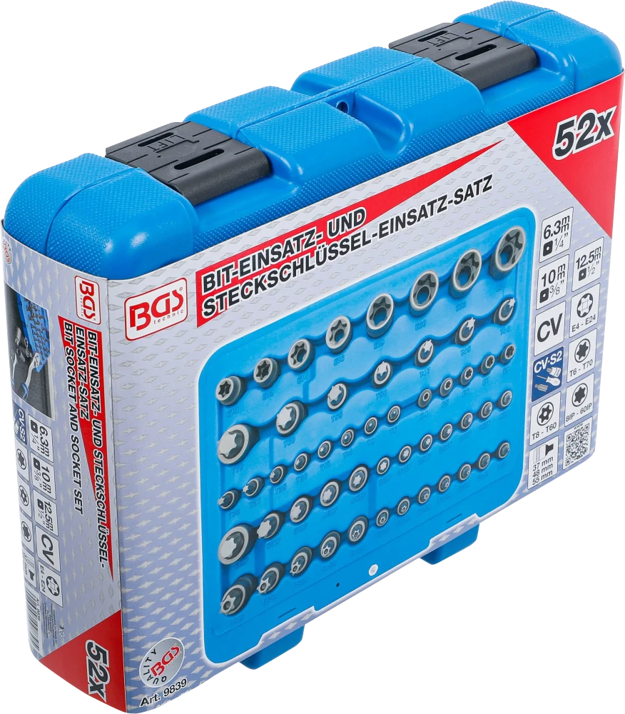 Behajtófej- és dugókulcs-készlet | E-profil / T-profil (Torx) / T-profil (Torx) furattal / TP-profil (Torx plus) | 52 darabos