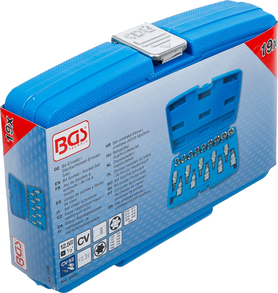Behajtófej/dugókulcskészlet | 12,5 mm (1/2") | E-profil / T-profil (Torx) | 19 darabos