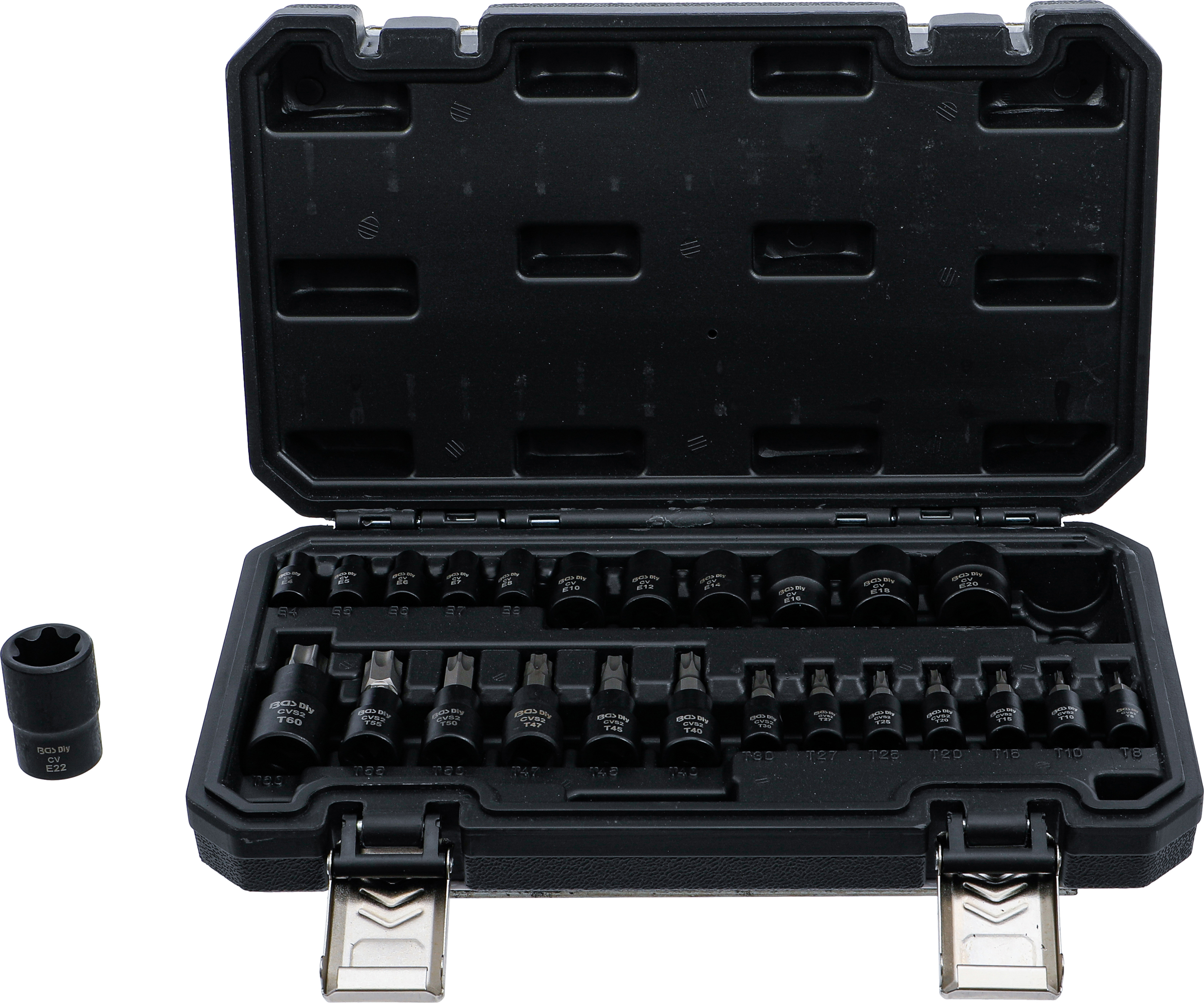 Bit-Einsatz-/Steckschlüssel-Einsatz-Satz | Antrieb Innenvierkant 6,3 mm (1/4"), 10 mm (3/8"), 12,5 mm (1/2") | E-Profil / T-Profil (für Torx) | 25-tlg.