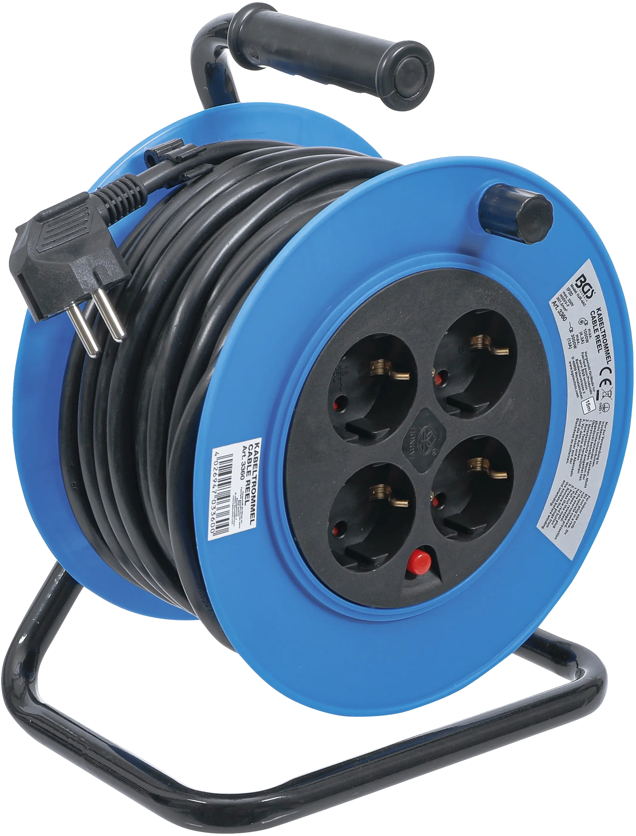 Enrouleur de câble | 15 m | 3 x 1,5 mm² | 4 prises de courant | IP 20 | 3000 W