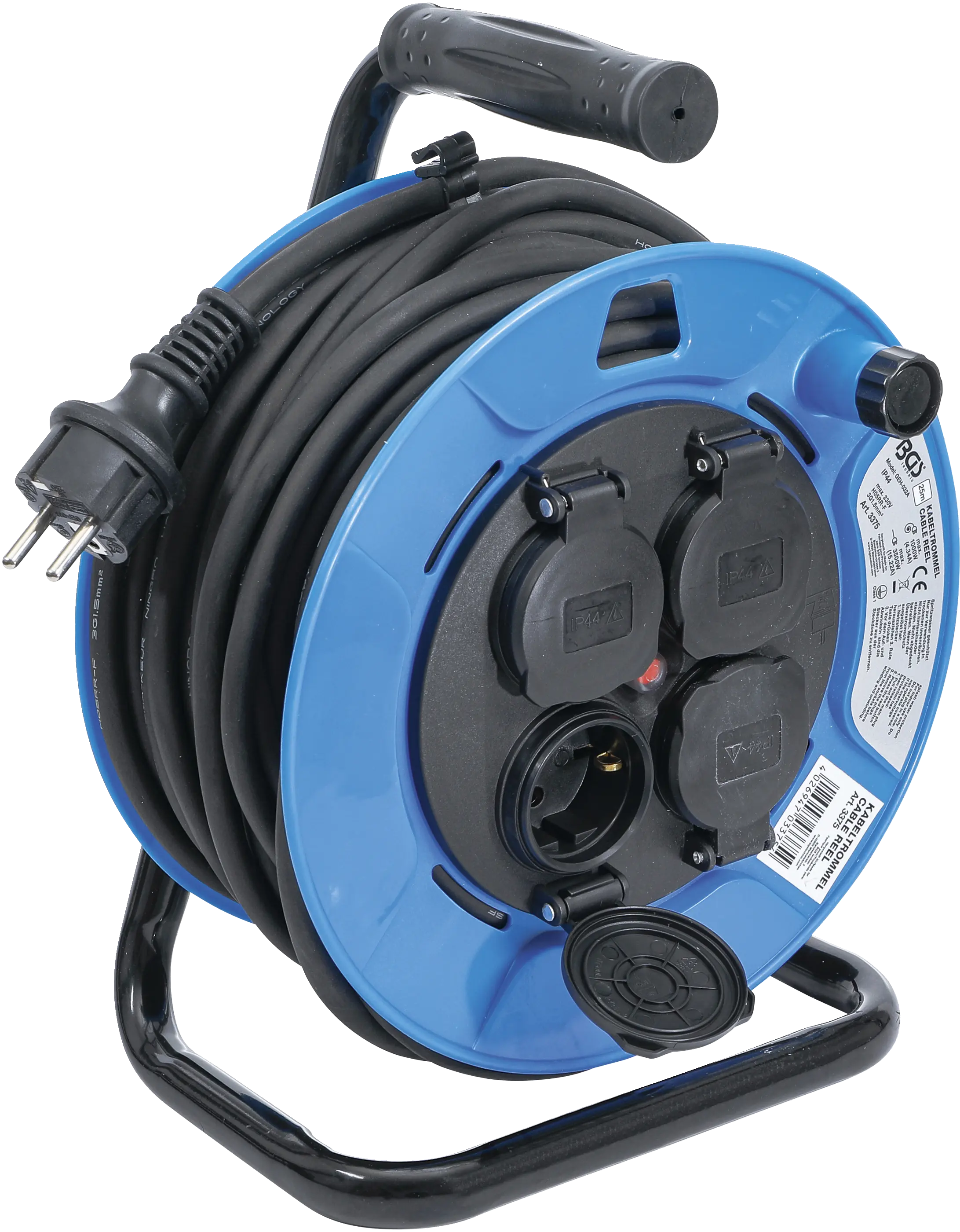 Enrouleur de câble | 25 m | 3 x 1,5 mm² | 4 prises de courant avec clapet de fermeture | IP 44 | 3500 W