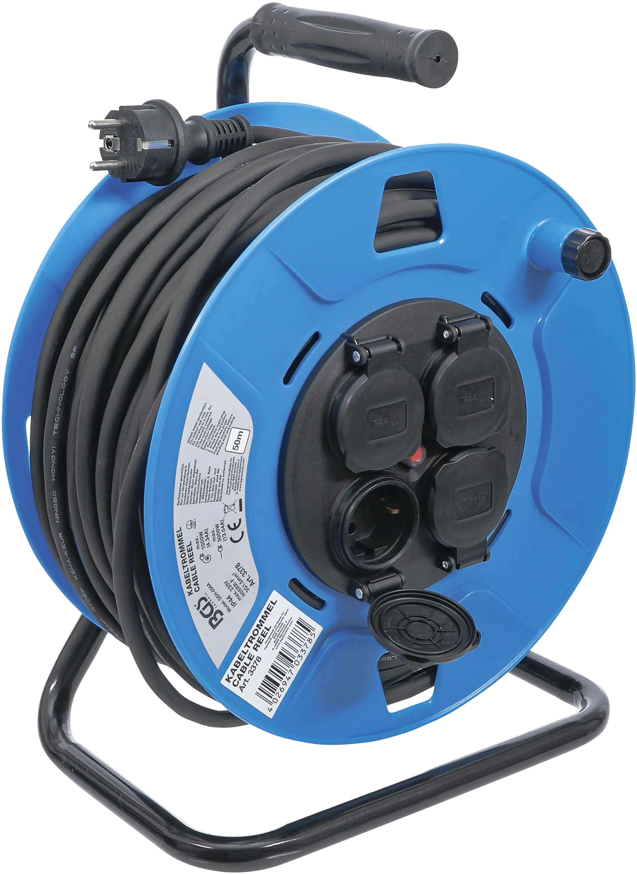 Enrouleur de câble | 50 m | 3 x 1,5 mm² | 4 prises de courant avec clapet de fermeture | IP 44 | 3500 W
