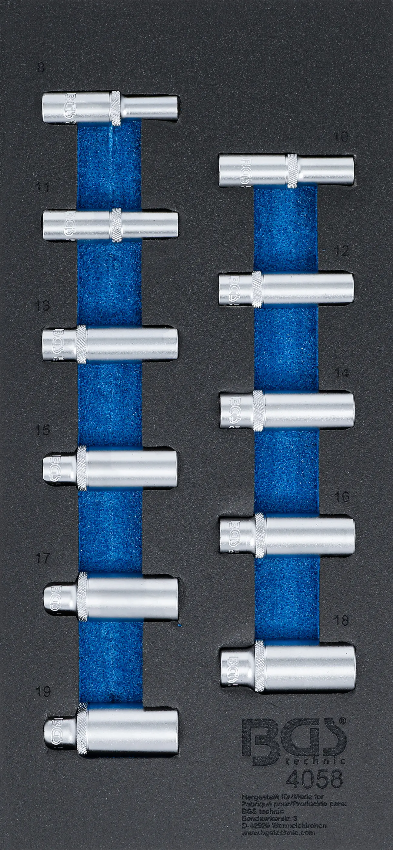 Insert de servante d'atelier 1/3 : Douilles pour clé, six pans | 10 mm (3/8") | 8 - 19 mm | longues | 11 pièces