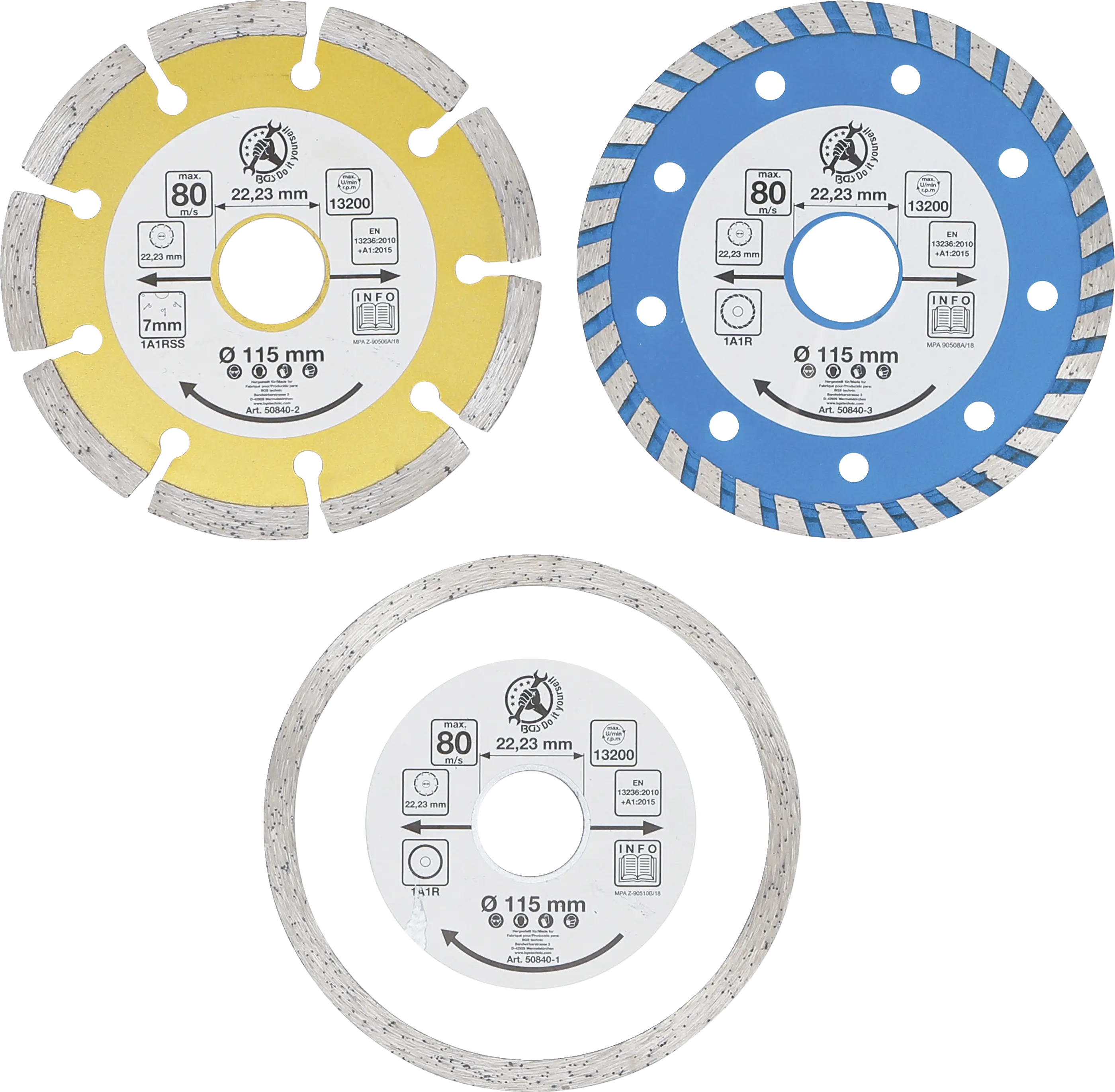 Jeu de disques de coupe au diamant | Ø d’perçage frontal 20 mm | Ø 115 mm | 3 pièces