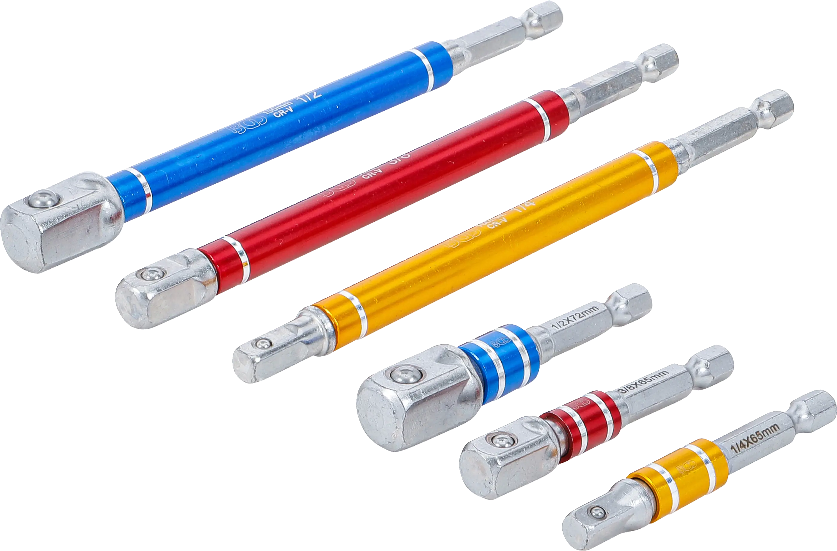Jeu d’adaptateurs pour visseuses | couleurs | Hexagone mâle 6,3 mm (1/4") | Hexagone femelle 6,3 mm (1/4") / 10 mm (3/8") / 12,5 mm (1/2") | 75 - 150 mm | 6 pièces