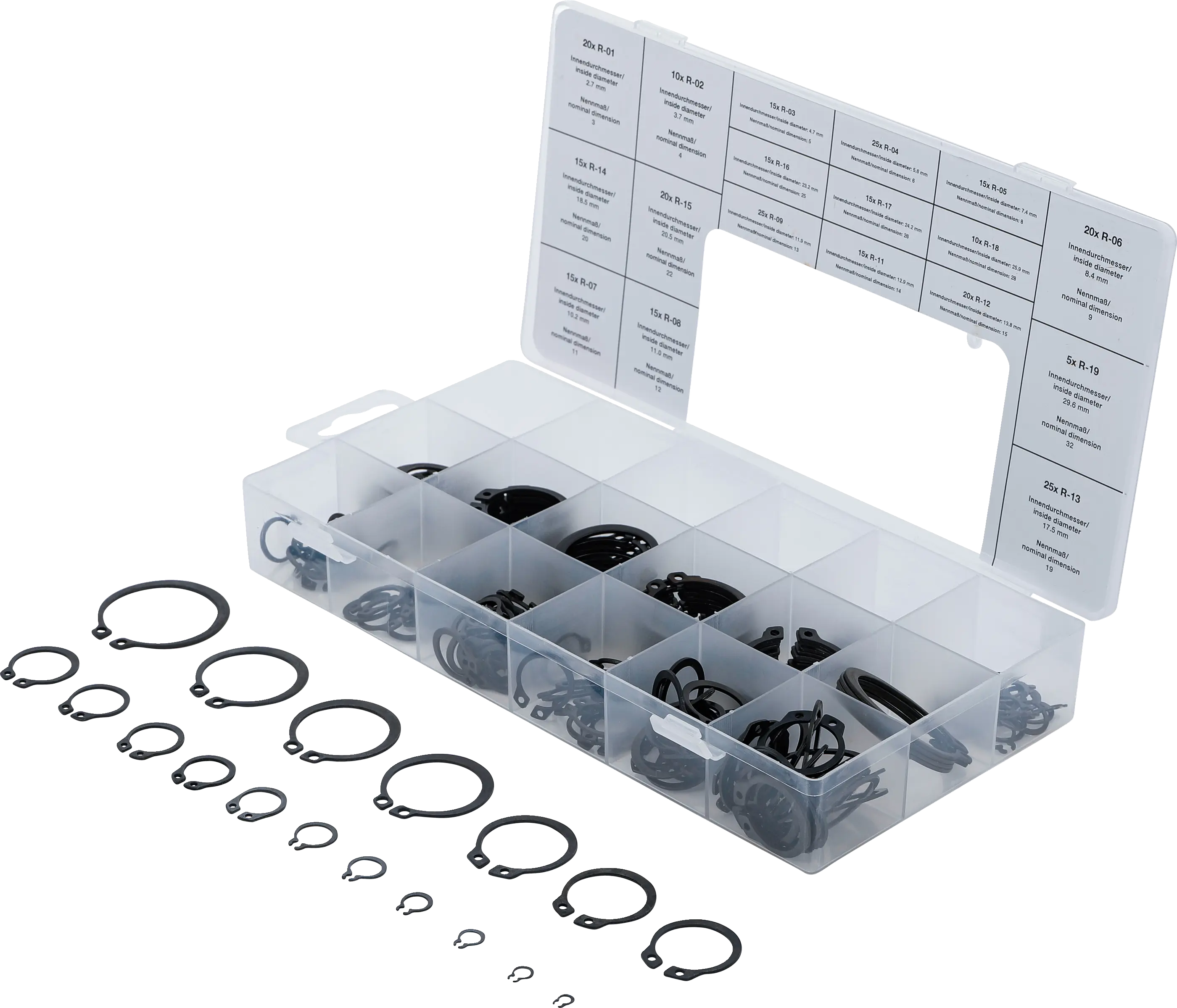 Assortiment de circlips extérieurs | Ø 3 - 32 mm | 300 pièces
