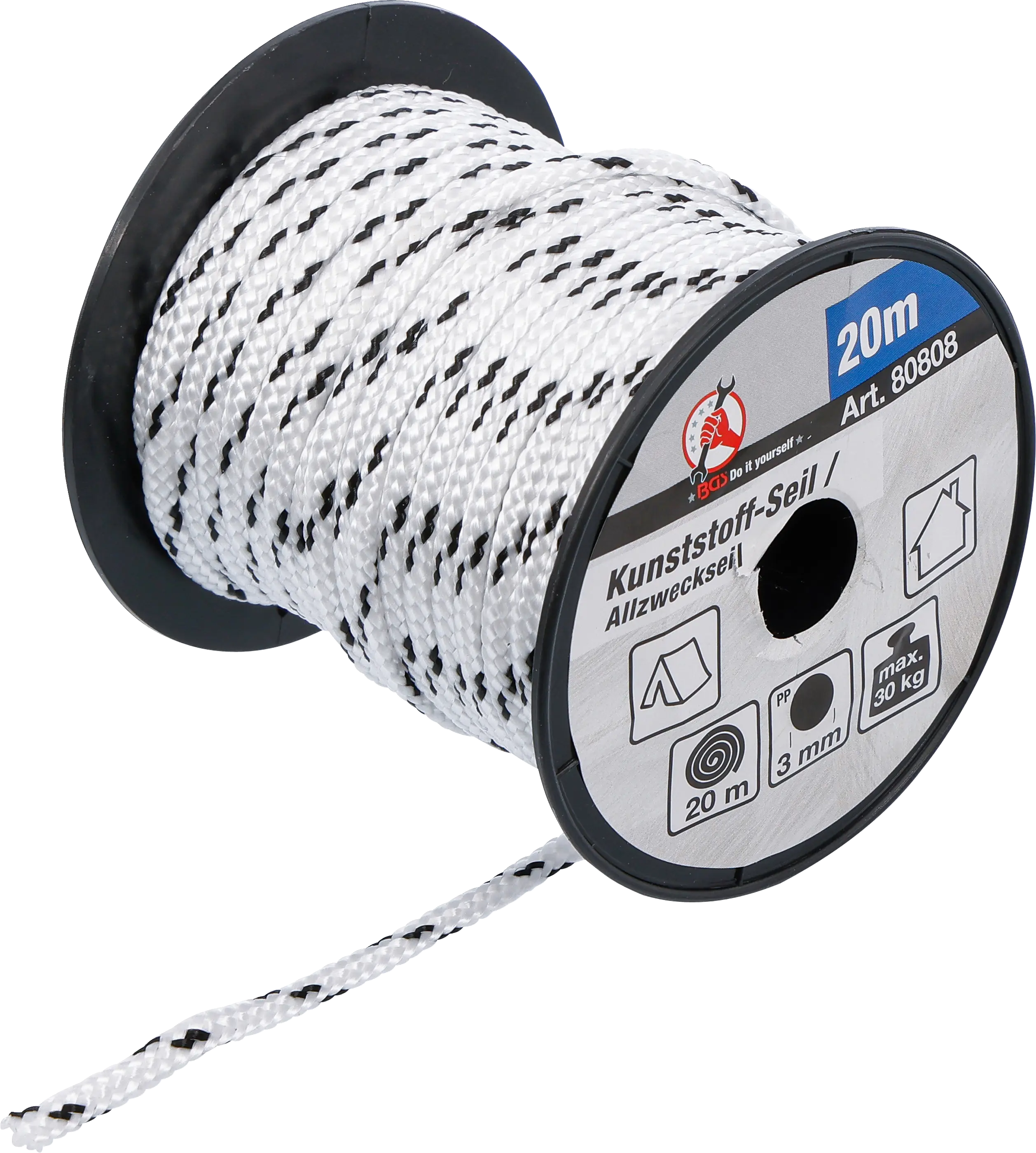 Corde en matière plastique / utilisation universelle | 3 mm x 20 m | noir / blanc