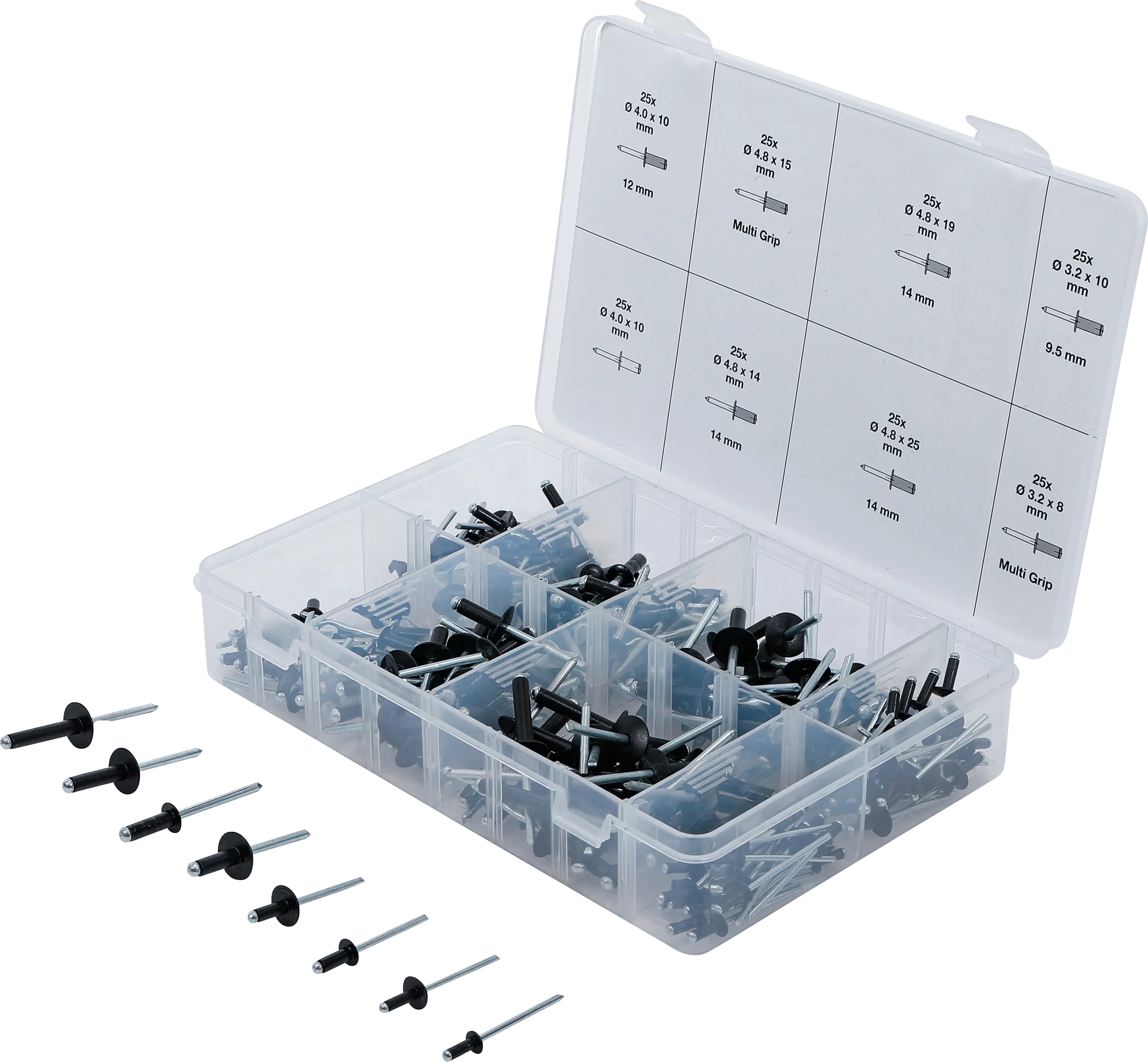 Assortiment de rivets pop | aluminium | 3,2 - 4,8 mm | 200 pièces