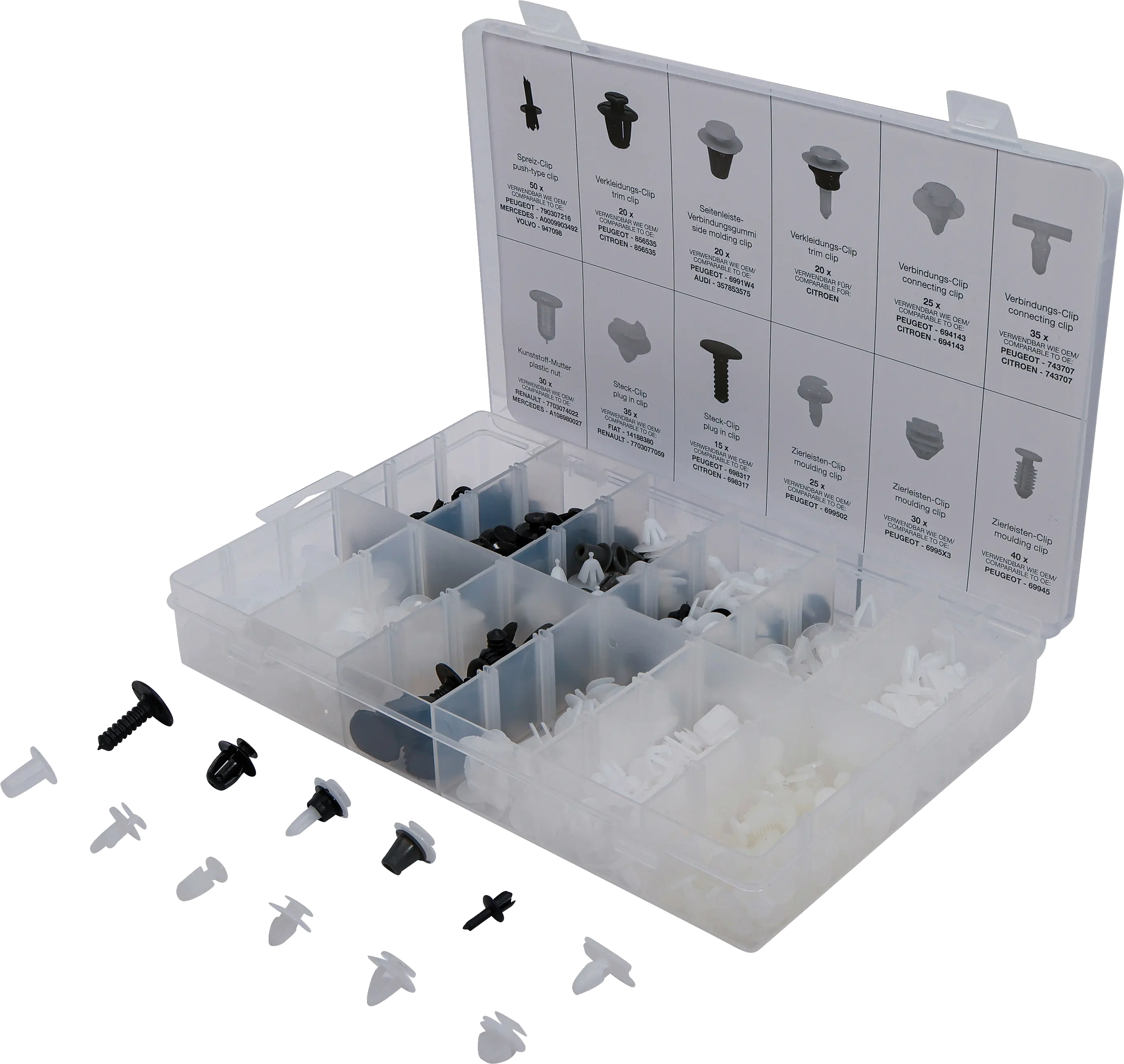 Assortiment de clips de fixation automobiles pour Peugeot & Citroën | 345 pièces