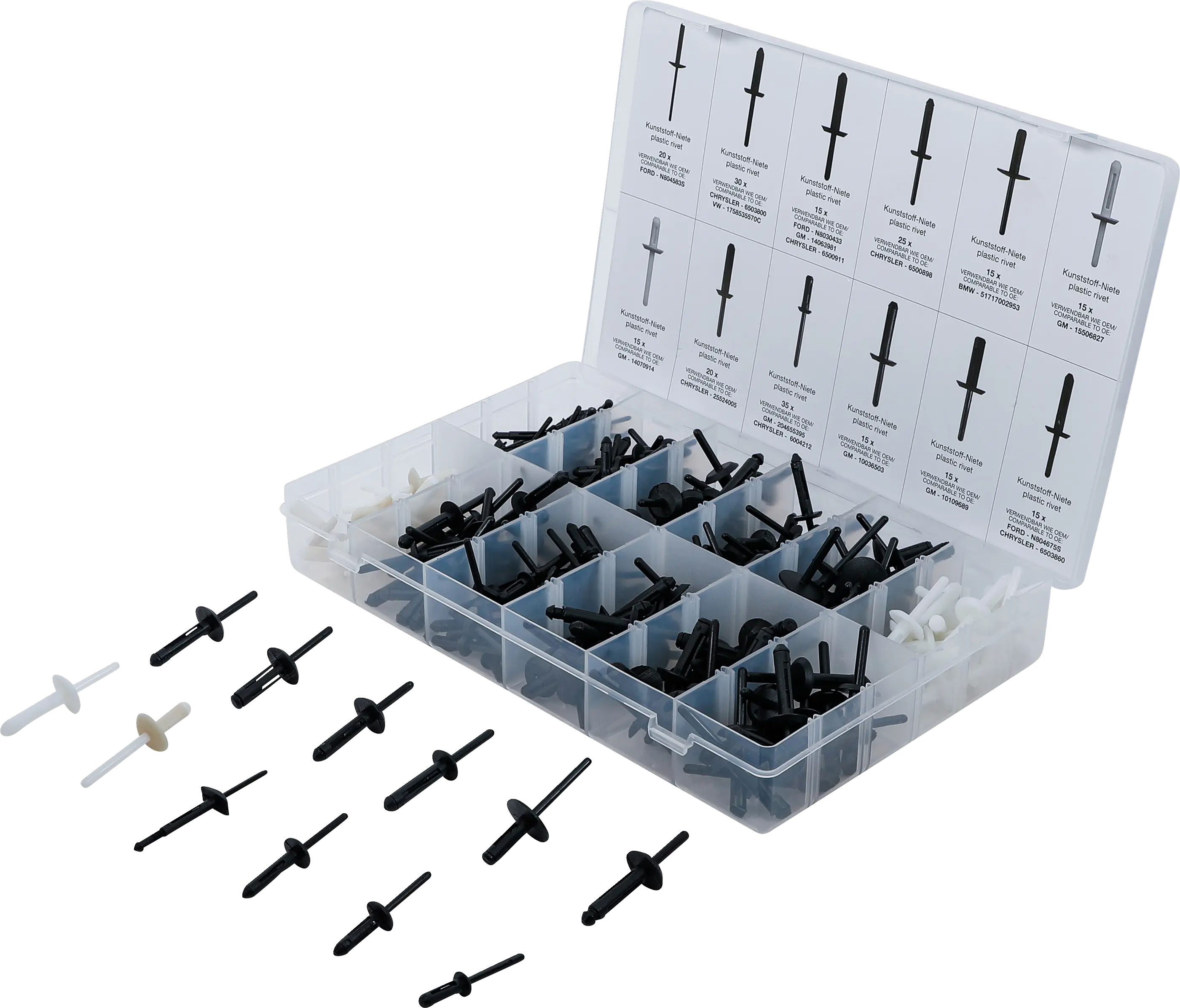 Assortiment de rivets plastiques | pour GM, BMW, Chrysler, VW, Ford | 235 pièces